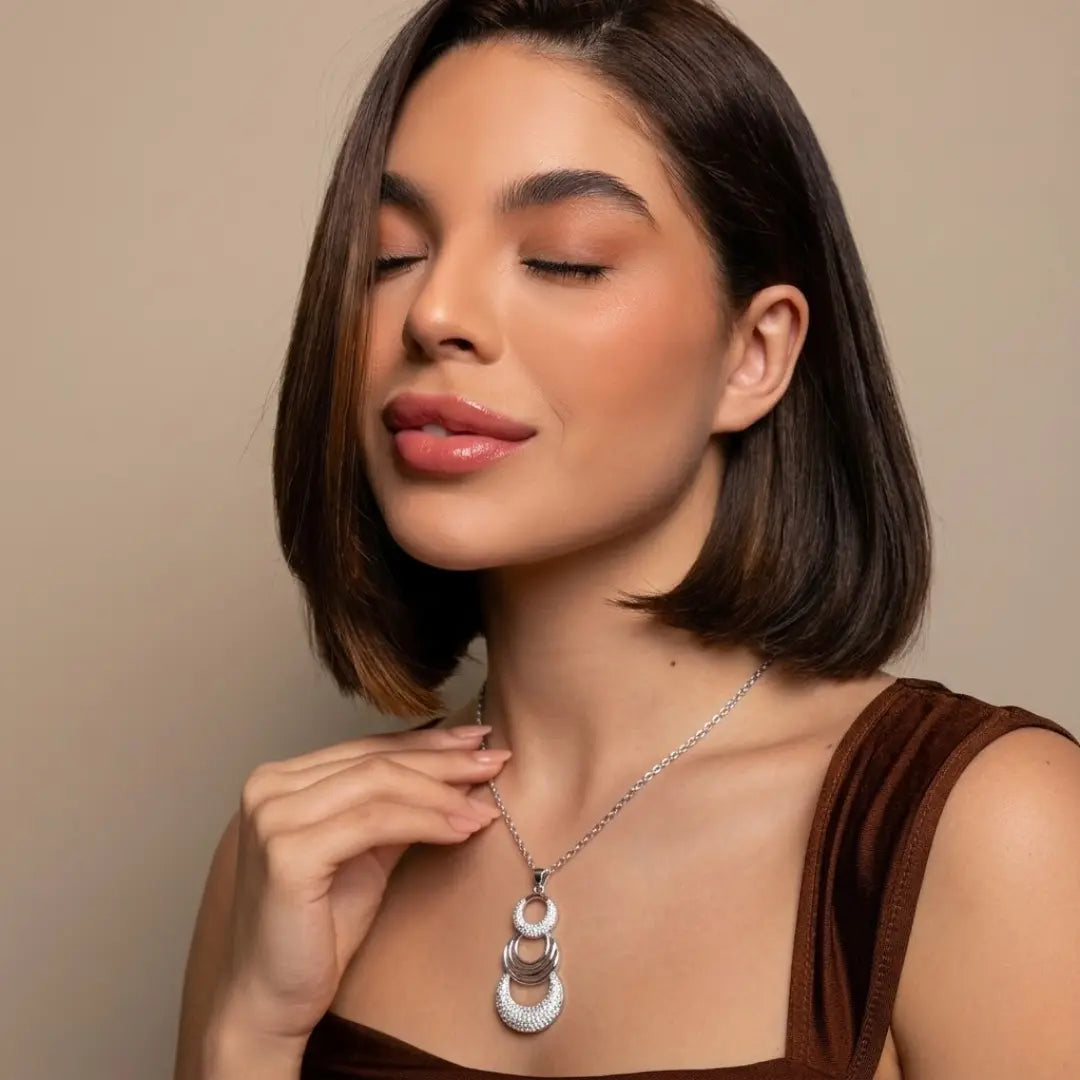 Silver Three Circle Pendant Necklace with American Diamonds – Tiered Concentric Ring Drop Necklace for Women